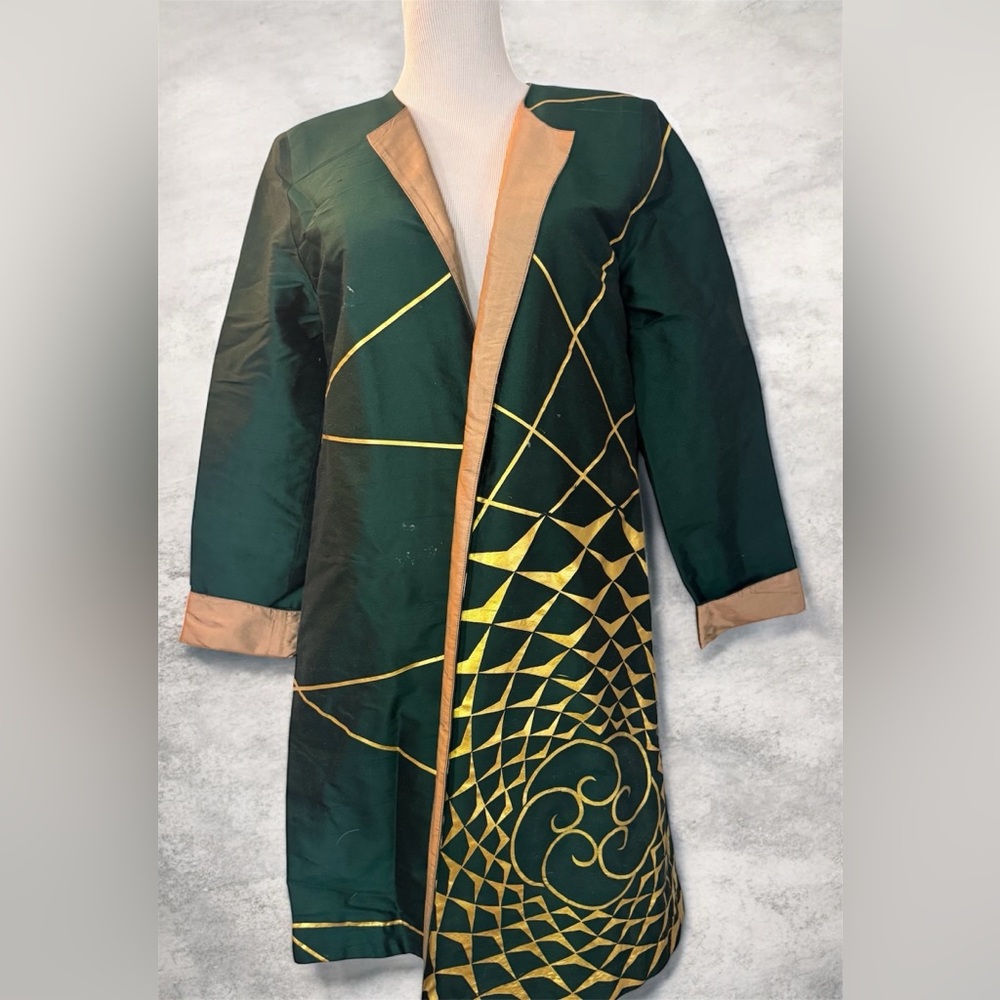 [Singular Couture] Green and Gold Silk Art to Wear Long Jacket Sz: S